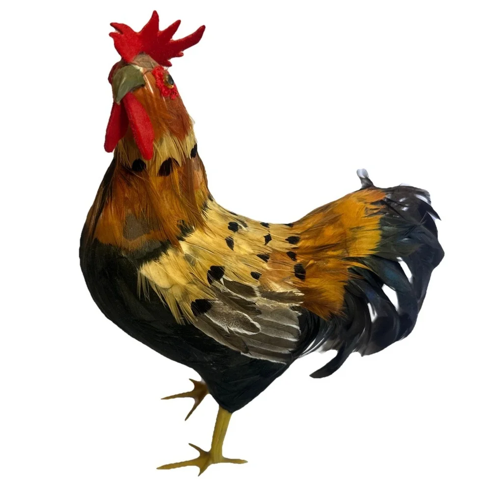 Realistic Rooster Figure Real Feathers Farmhouse Chicken Decor Country
